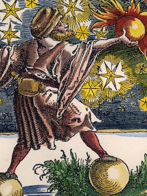 Ein (später colorierter) Holzschnitt zeigt einen Menschen auf zwei Kugeln schwebend über Wasser und Land. An ausgestreckten Armen hält er einen Feuerball und ein pustendes Gesicht. Daneben sind Sonne, Mond und Sterne.