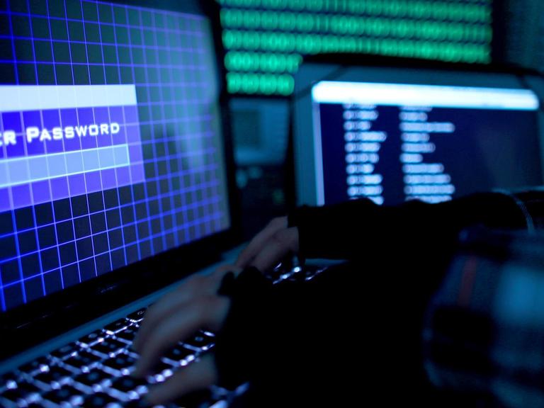 Ein Passwort wird auf einem Laptop über die Tastatur eingegeben. Die Hände auf der Tastatur tragen schwarze Stulpen. Auf dem Monitor sind die Worte "Enter Password" zu lesen. Im Hintergrund erkennt man verschwommen weitere Bildschirme.