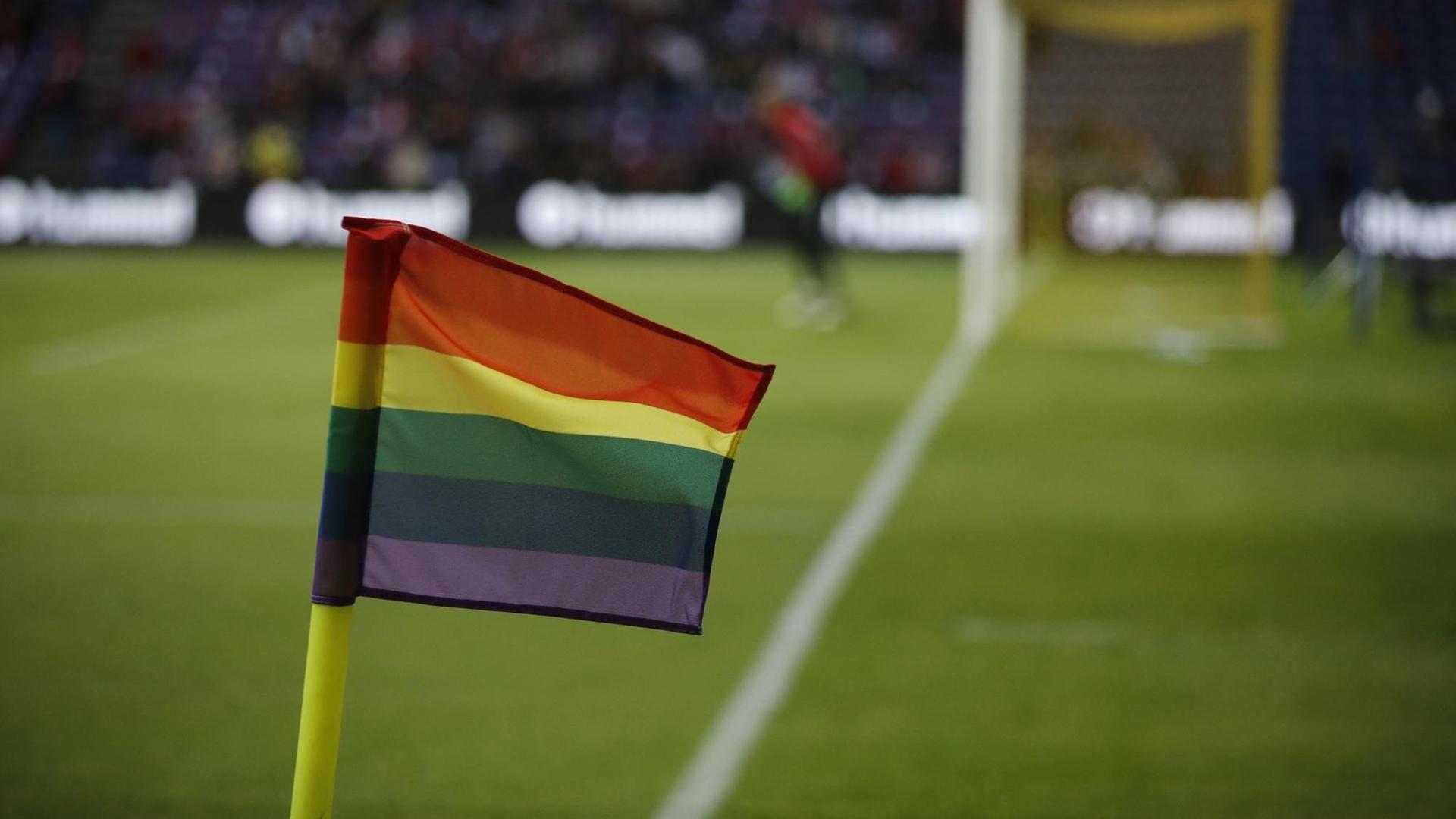 Eine Regenbogenflagge steckt im Rasen bei einem Fußballspiel.