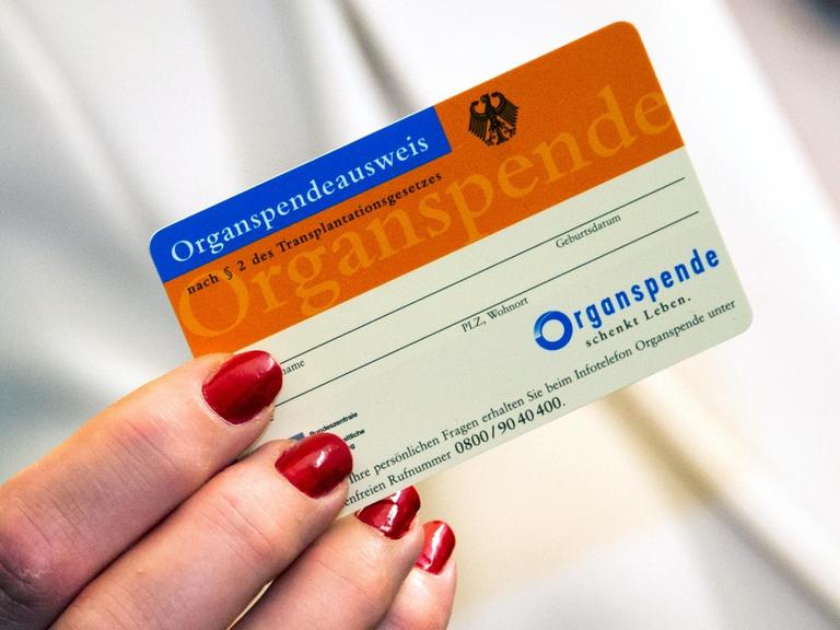 Eine Frau zeigt im Universitätsklinikum Schleswig-Holstein einen Organspendeausweis