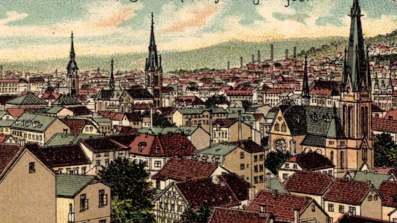 Historische Zeichnung der Stadtkulisse von Wuppertal.