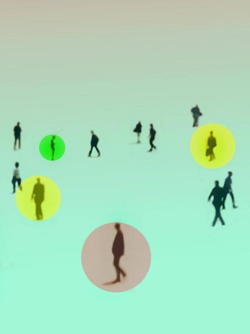Illustration: Mehrere Menschen laufen über eine grüne Fläche, über manchen von ihnen sind bunte Kreise.