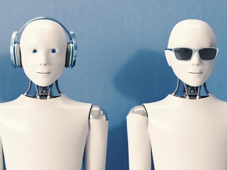 Zwei menschlich aussehende Roboter, einer trägt Kopfhörer, der andere eine Sonnenbrille.