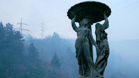 GAGRA, ABKHAZIA JANUARY 8, 2021: Statues are seen in the Black Sea resort of Gagra as smoke billows from forest fires in the mountains. Dmitry Feoktistov/TASS PUBLICATIONxINxGERxAUTxONLY TS0F3D95