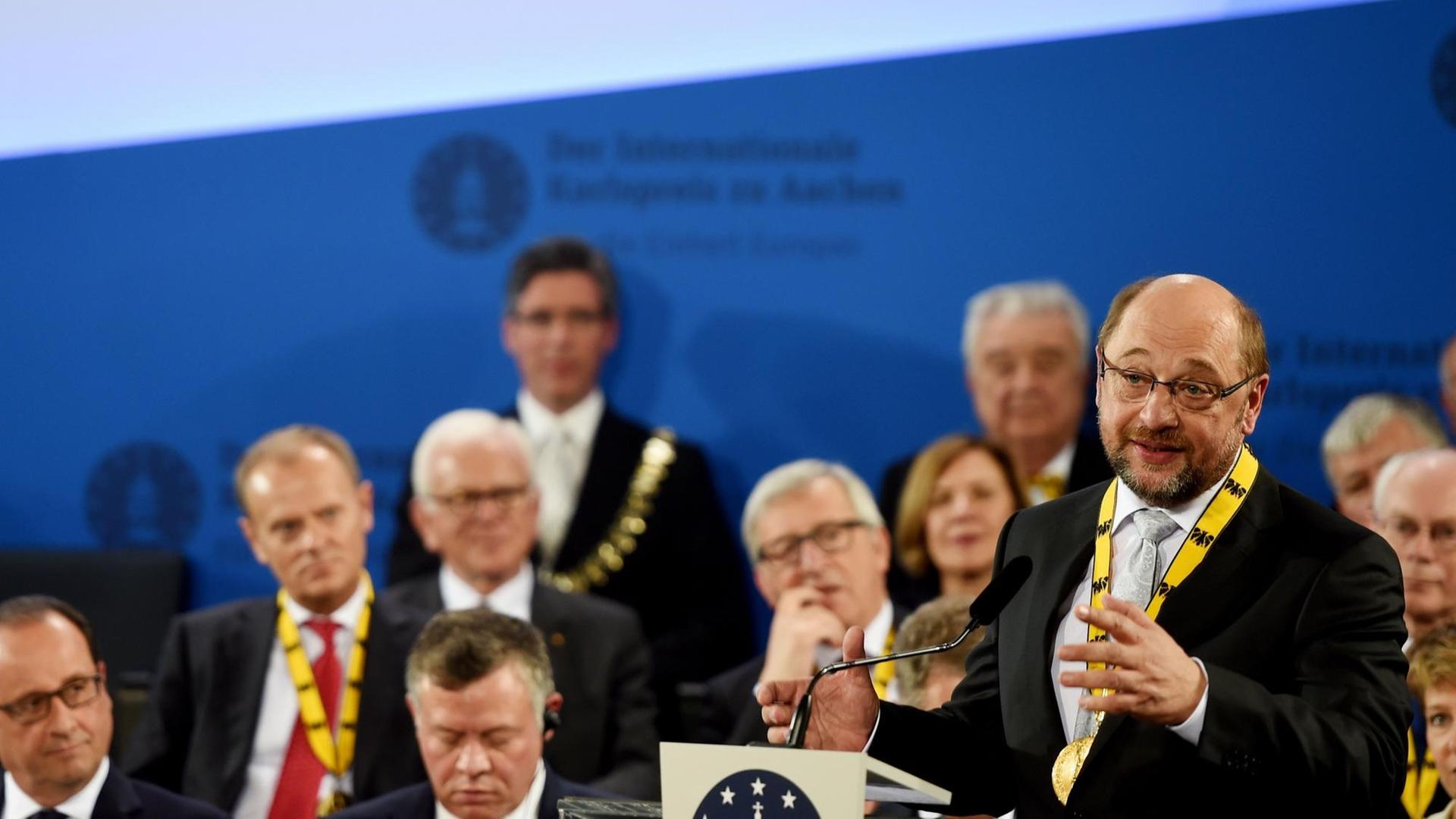 EU-Parlamentspräsident Martin Schulz (SPD) während seiner Dankesrede, nachdem er den Internationalen Karlspreis zu Aachen erhalten hat.