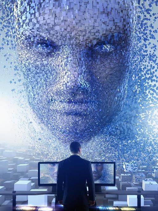 In einer Computeranimation fliegt ein böse aussehendes Gesicht, welches sich in Fetzen auflöst, auf einen Mann, der vor mehreren Bildschirmen steht, zu.
