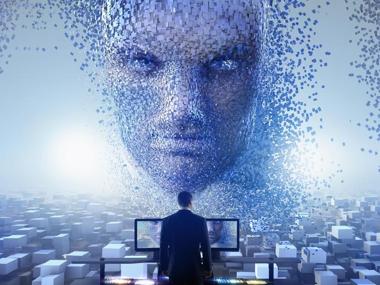 In einer Computeranimation fliegt ein böse aussehendes Gesicht, welches sich in Fetzen auflöst, auf einen Mann, der vor mehreren Bildschirmen steht, zu.
