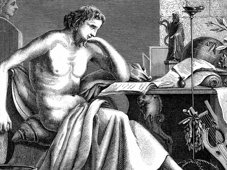 Historische Zeichnung des griechischen Philosophen Aristoteles (384-322 v.Chr.) als junger Mann in seinem Studienraum.