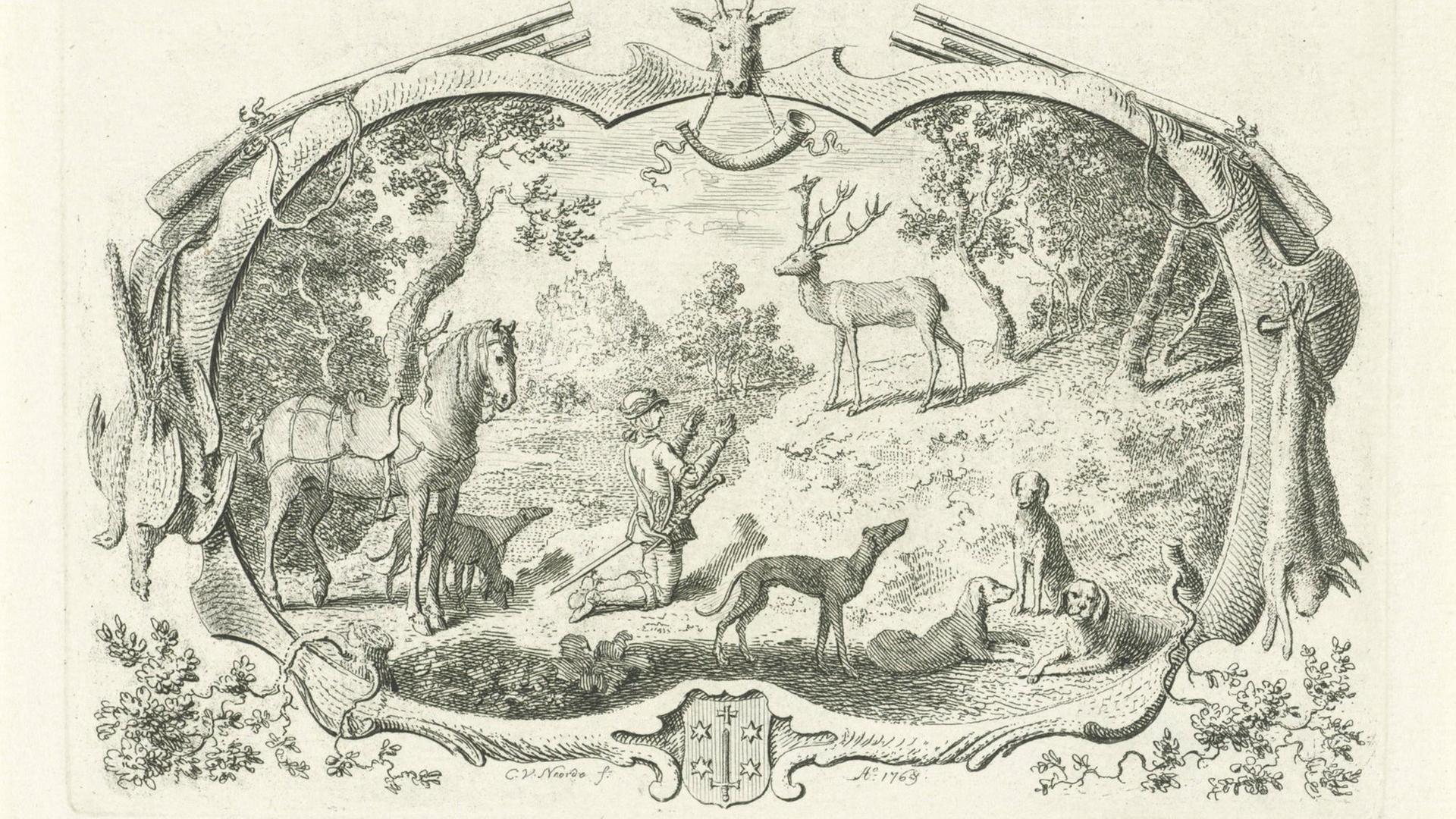 Eine Skizze einer Jagdszene mit Pferd, Hunden und Jäger. Auf der Lichtung steht ein junger Hirsch.