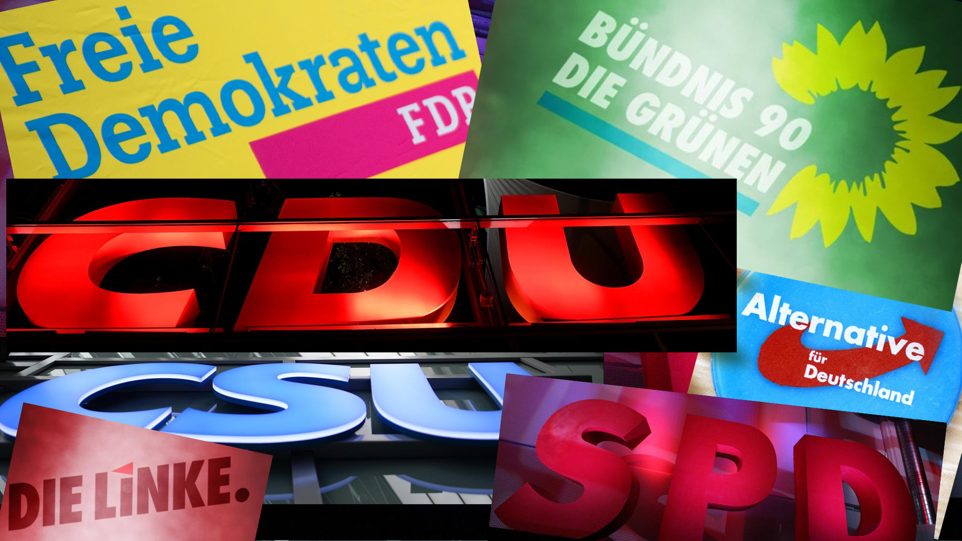 Die Logos der Parteien CDU.CSU, SPD, die Grünen, FDP, Die Linke und AfD.