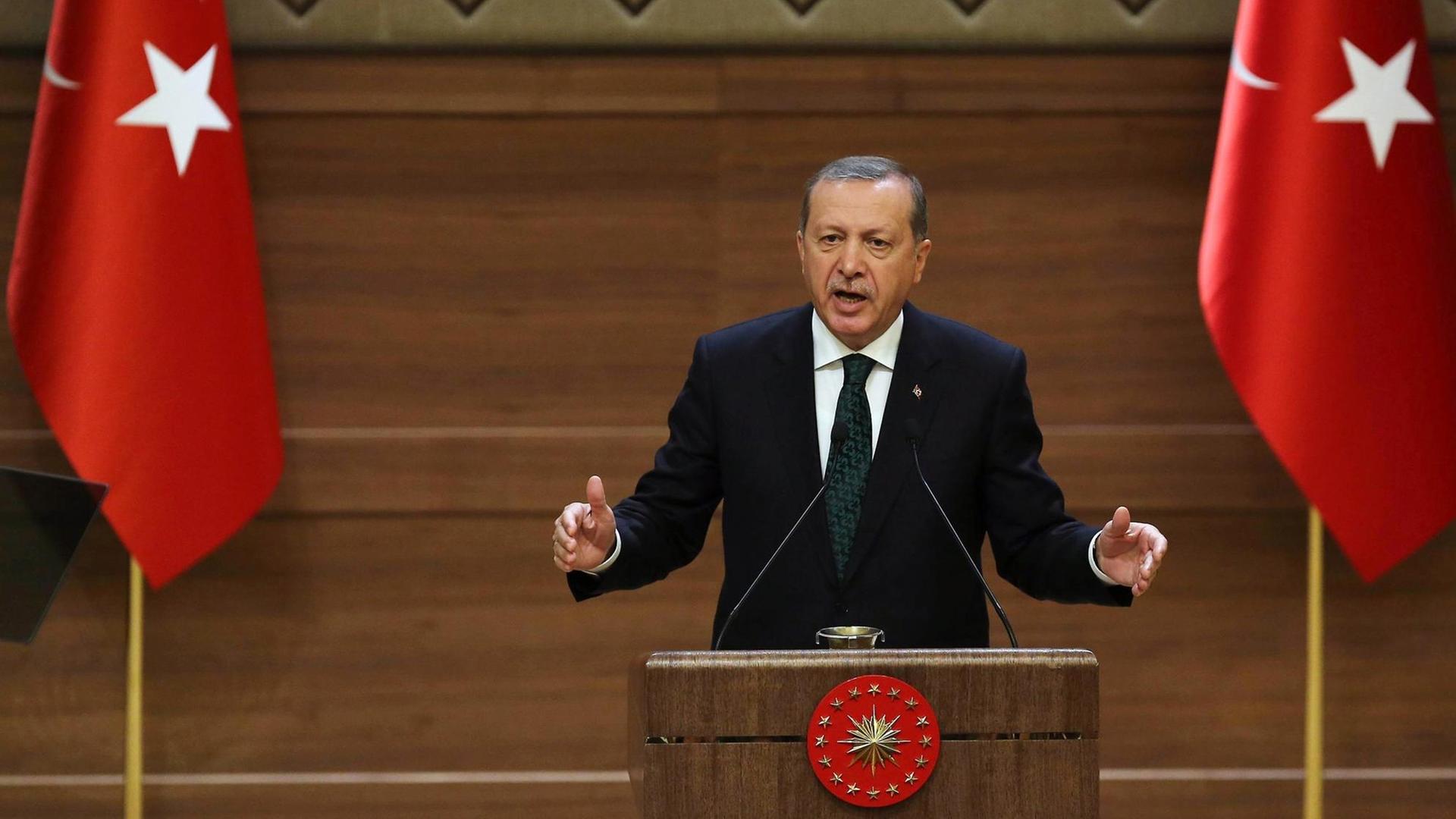 Der türkische Präsident Recep Tayyip Erdogan gestikuliert während einer Rede im Präsidentenpalast.