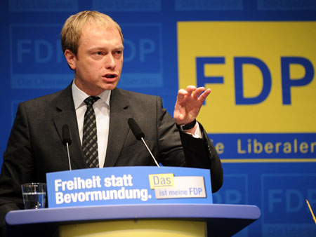 Christian Lindner, Landesvorsitzender der FDP in Nordrhein-Westfalen, spricht beim Neujahrsempfang der FDP in Düsseldorf
