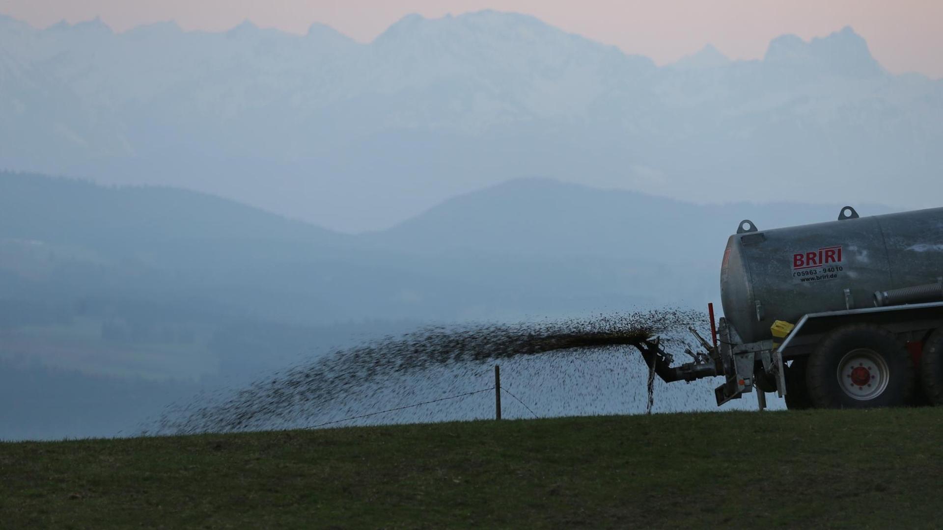Ein Landwirt düngt eine Wiese mit Gülle. Ein Landwirt düngt eine Wiese mit Gülle.