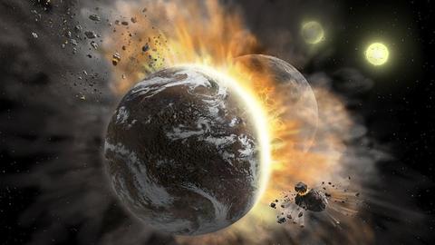 Eine zeichnerische Darstellung der Kollision zweier Planeten, durch die diese wachsen.