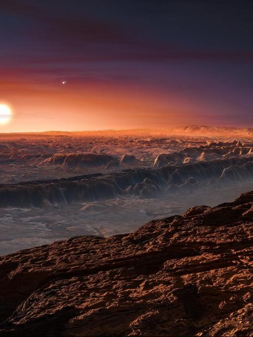Eine künstlerische Darstellung des Planeten Proxima b mit dem Stern Proxima Centaueri am Horizont