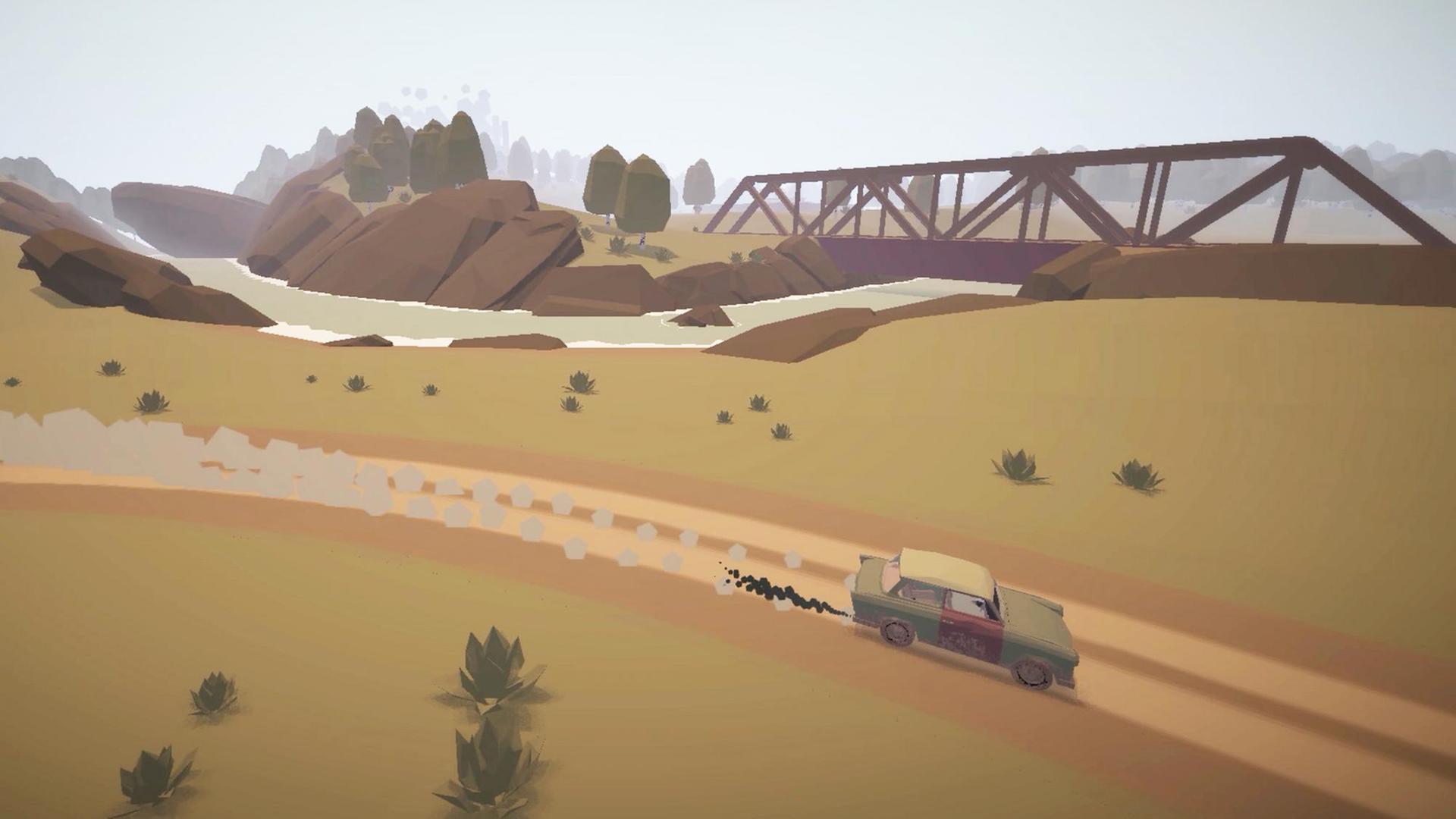 Eine abstrakte Computerspiele-Landschaft mit einem pixeligen Trabant-Auto.