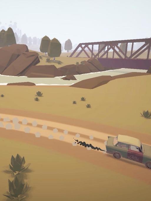 Eine abstrakte Computerspiele-Landschaft mit einem pixeligen Trabant-Auto.