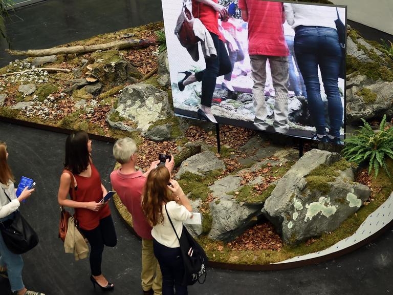 Besucher betrachten in Berlin im Rahmen der 9. Berlin Biennale in der Akademie der Künste in Berlin eine Video-Installation, auf der sie selbst von hinten zu sehen sind.