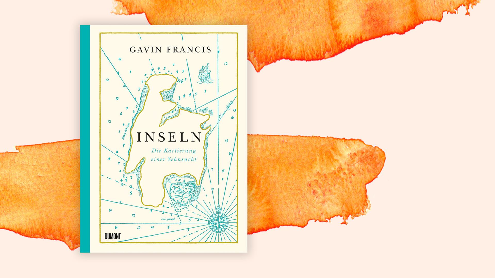 Das Buchcover von "Inseln. Die Kartierung einer Sehnsucht" liegt auf einem orangenem Aquarellhintergrund und zeigt einen Ausschnitt einer antiken Karte in verschiedenen Grüntönen.