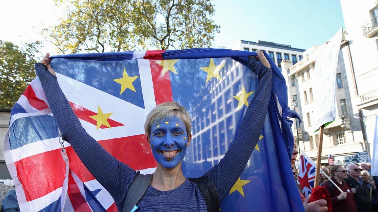 Eine Teilnehmerin der Demonstration für ein zweites Brexit-Referendum hat sich eine EU-Fahne auf das Gesicht gemalt.