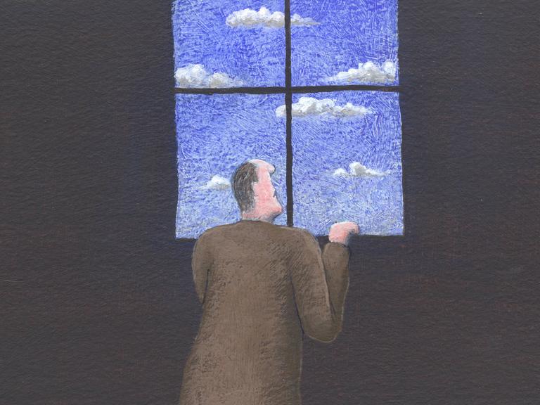 Ein Mann in einem dunklen Zimmer blickt hoffnungsvoll aus dem Fenster.