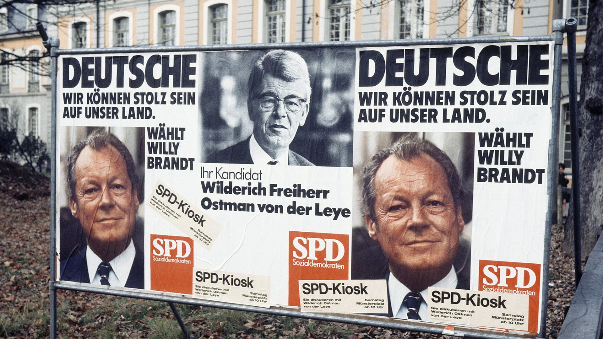 Die SPD wirbt im Wahlkampf 1972 für Kanzlerkandidat Willy Brandt und den Bonner Wahlkreis-Kandidaten