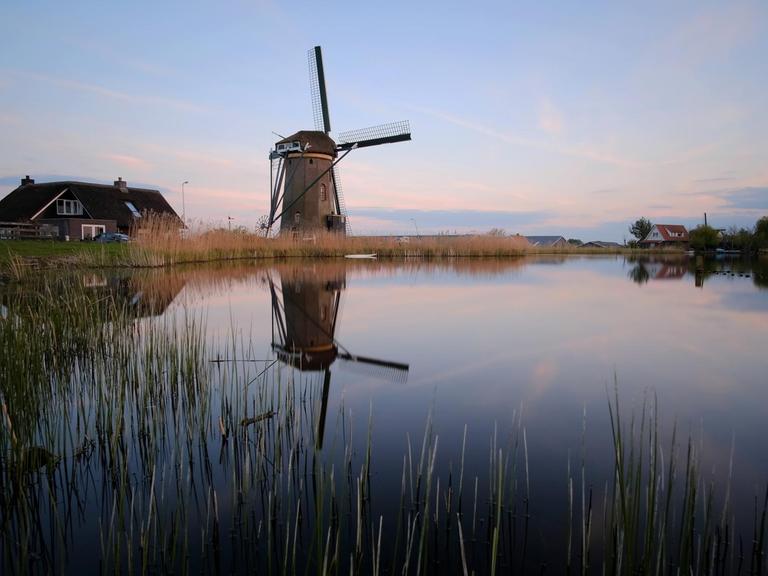 Eine Windmühle spiegelt sich am 19.04.2017 in einem See bei Leiden (Niederlande). Foto: Kevin Kurek/dpa | Verwendung weltweit