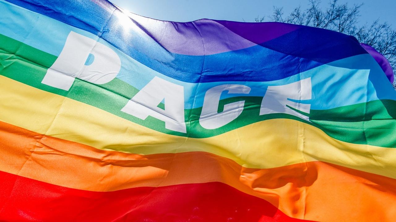 Demonstranten der Friedensbewegung stehen am 06.04.2015 in Hamburg auf dem traditionellen Ostermarsch unter einer Fahne mit der Aufschrift PACE Demonstranten der Friedensbewegung stehen am 06.04.2015 in Hamburg auf dem traditionellen Ostermarsch unter einer Fahne mit der Aufschrift PACE