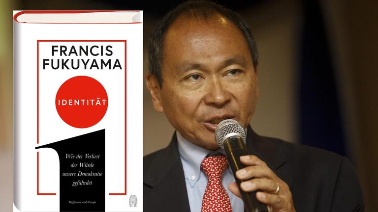 Hintergrundbild: Der US-amerikanische Politikwissenschaftler Yoshihiro Francis Fukuyama. Vordergrund: Buchcover