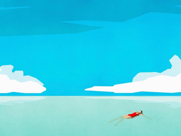Illustration einer Frau, die im Wasser auf dem Rücken liegt und in den Himmel schaut.