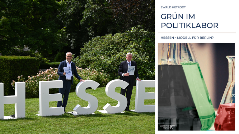 Buchcover "Grün im Politiklabor" vor Volker Bouffier (CDU, r), Ministerpräsident des Landes Hessen, und sein Stellvertreter Tarek Al-Wazir (Bündnis 90/Die Grünen)