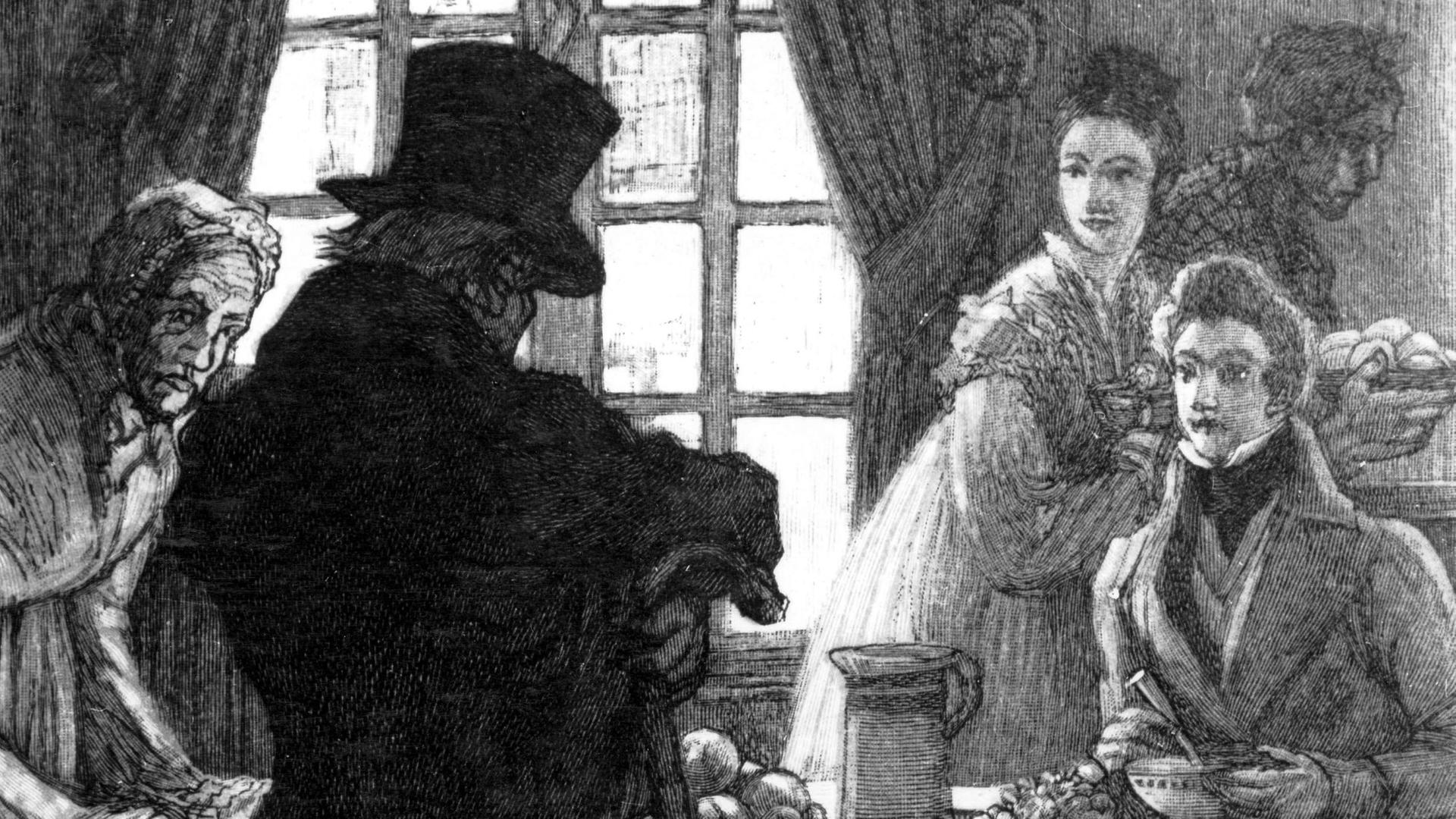 Illustration von Vater Grandet, einer Figur von Honoré de Balzac, mit Zylinder vor einem gedeckten Tisch. Illustration von Vater Grandet, einer Figur von Honoré de Balzac, mit Zylinder vor einem gedeckten Tisch.