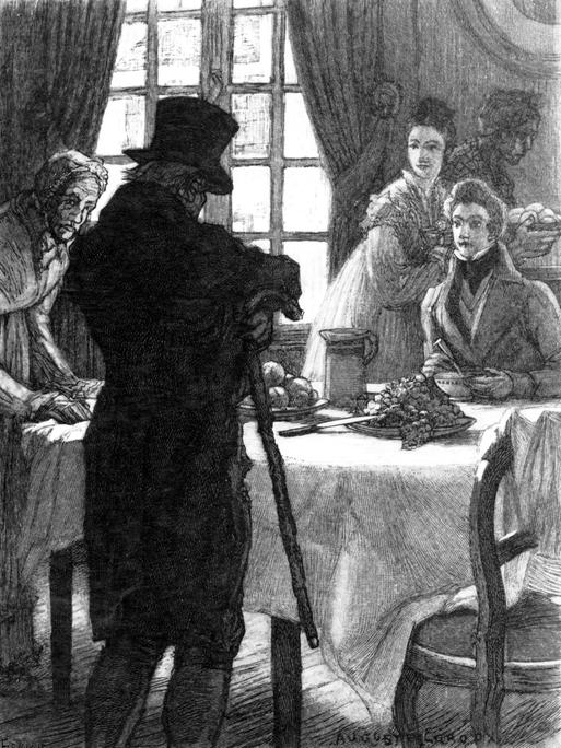 Illustration von Vater Grandet, einer Figur von Honoré de Balzac, mit Zylinder vor einem gedeckten Tisch.