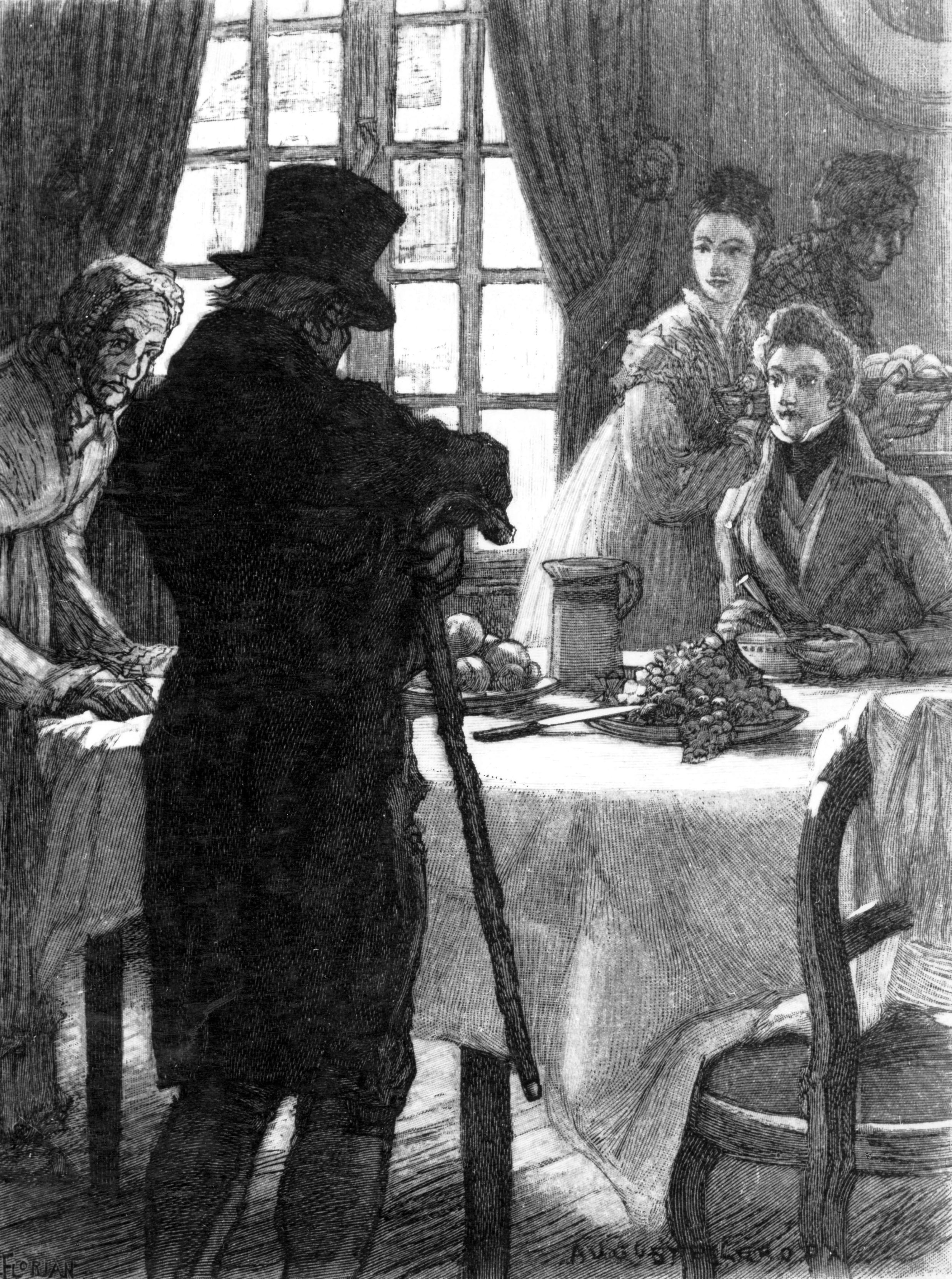 Illustration von Vater Grandet, einer Figur von Honoré de Balzac, mit Zylinder vor einem gedeckten Tisch.