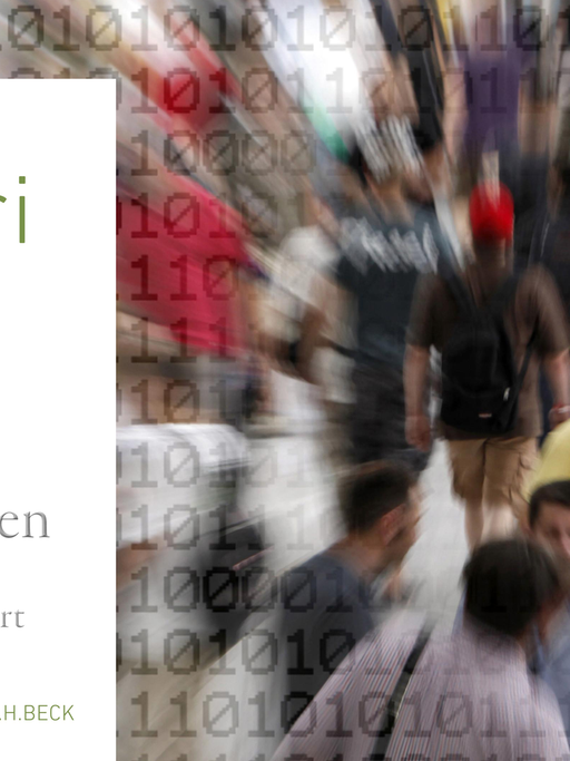 Cover von Yuval Noah Harari: "21 Lektionen für das 21. Jahrhundert"; im Hintergrund sind Menschen vor digitalem Zahlcode zu sehen