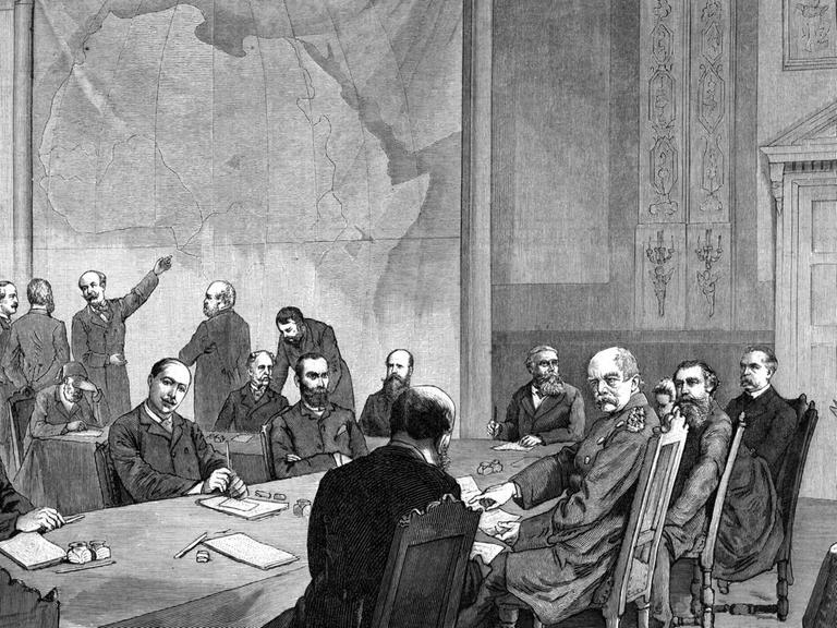 Zeichnung der Teilnehmer der Afrikakonferenz 1884.