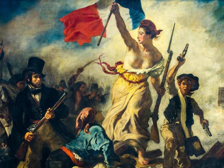 Eugène Delacroix’ Gemälde "Die Freiheit führt das Volk" von 1830 zeigt die barbusige, Trikolore-schwenkende Marianne in den Wirren der Juli-Revolution.