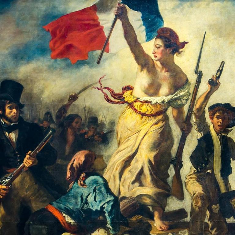 Eugène Delacroix’ Gemälde "Die Freiheit führt das Volk" von 1830 zeigt die barbusige, Trikolore-schwenkende Marianne in den Wirren der Juli-Revolution.
