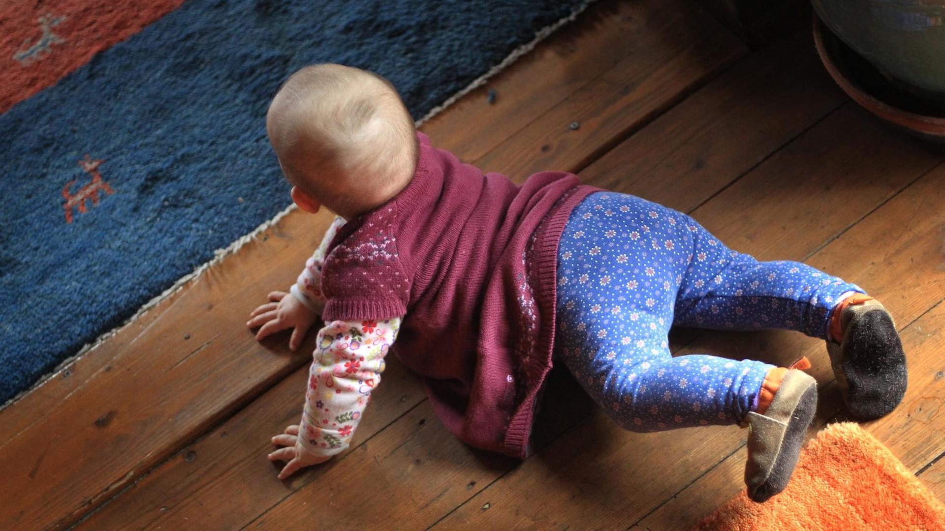 Ein acht Monate altes Baby krabbelt am auf einem Holzboden. Es hat eine blaue Hose und ein rotes T-shirt an.