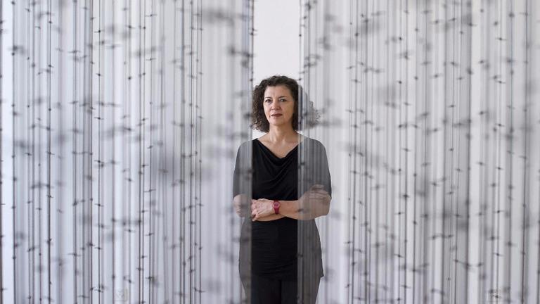 Die Künstlerin Mona Hatoum bei ihrer ersten Solo-Ausstellung im Art Museum St. Gallen, Schweiz (2013) Die Künstlerin Mona Hatoum bei ihrer ersten Solo-Ausstellung im Art Museum St. Gallen, Schweiz (2013)