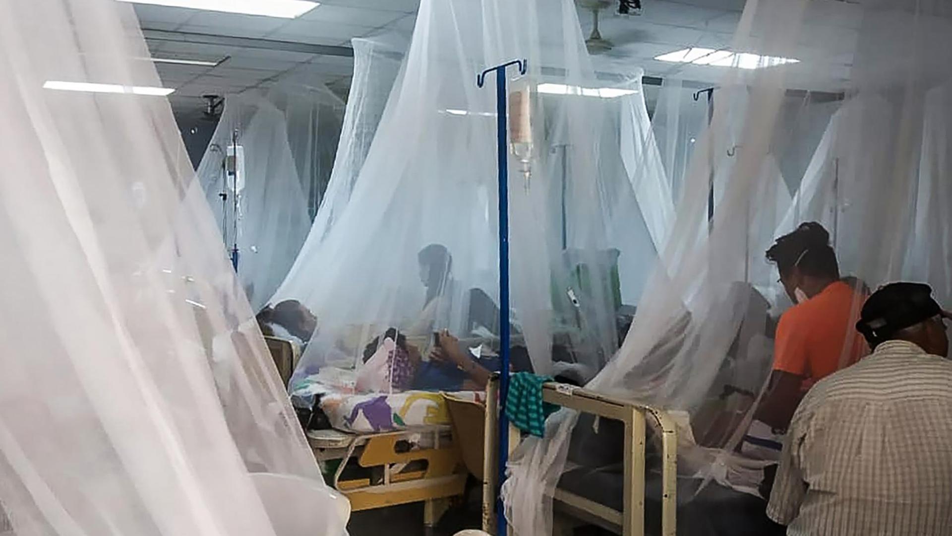 Angehörige sitzen bei Patienten, die an Dengue-Fieber erkrankt sind. Die Betten sind mit Mückennetzen geschützt.
