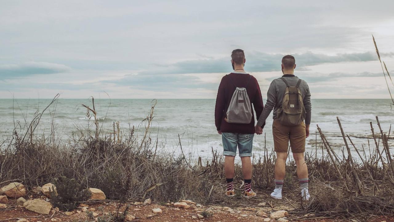 Ein schwules Paar blickt auf das Meer