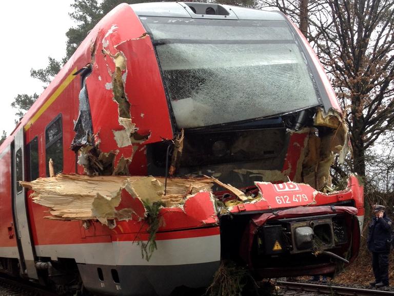 Ein Baum hat sich in den Triebwagen eines Regionalzuges in Bayern gebohrt.