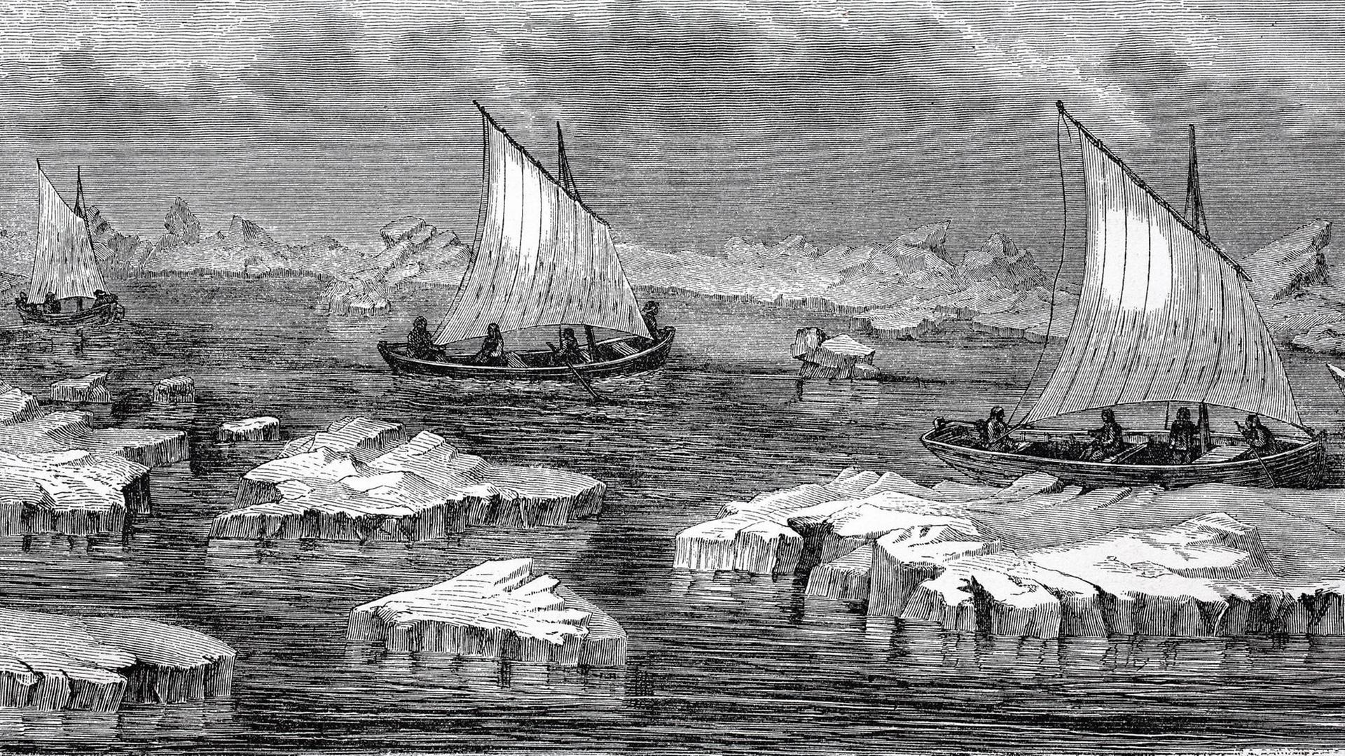 Zeichnung von der zweiten Deutschen Nordpolar-Expedition mit den Schiffen Germania und Hansa