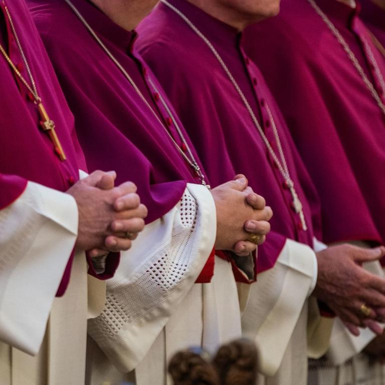 Sechs katholische Bischhöfe stehen in violetten Soutanen mit weißen Chorhemden gekleidet während einer Messe in einer Bank. Sie haben die Hände zum Gebet gefaltet. 