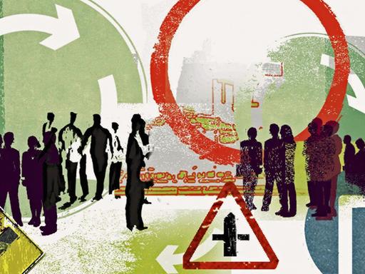 Eine Collage zeigt Schattenumrisse von Menschen mit verschiedenen Verkehrszeichen