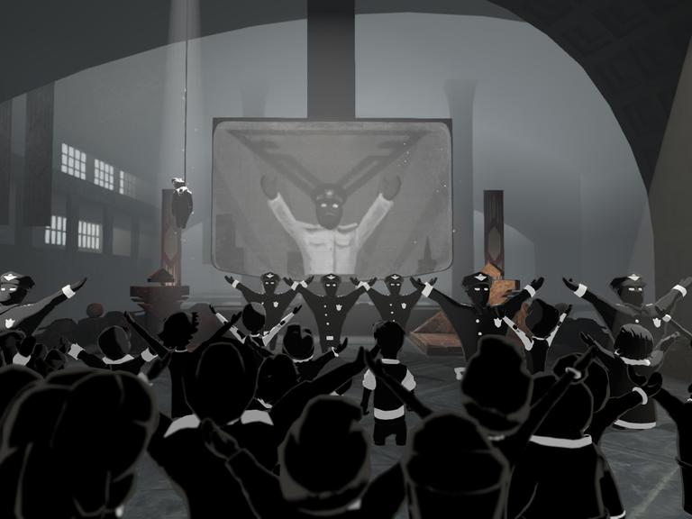 Screenshot aus Beholder 2: An der Hinrichtungsstätte zeigt eine Leinwand den Diktator, davor stehen die Ministeriumsangestellten und grüßen ihn mit erhobenen Armen.