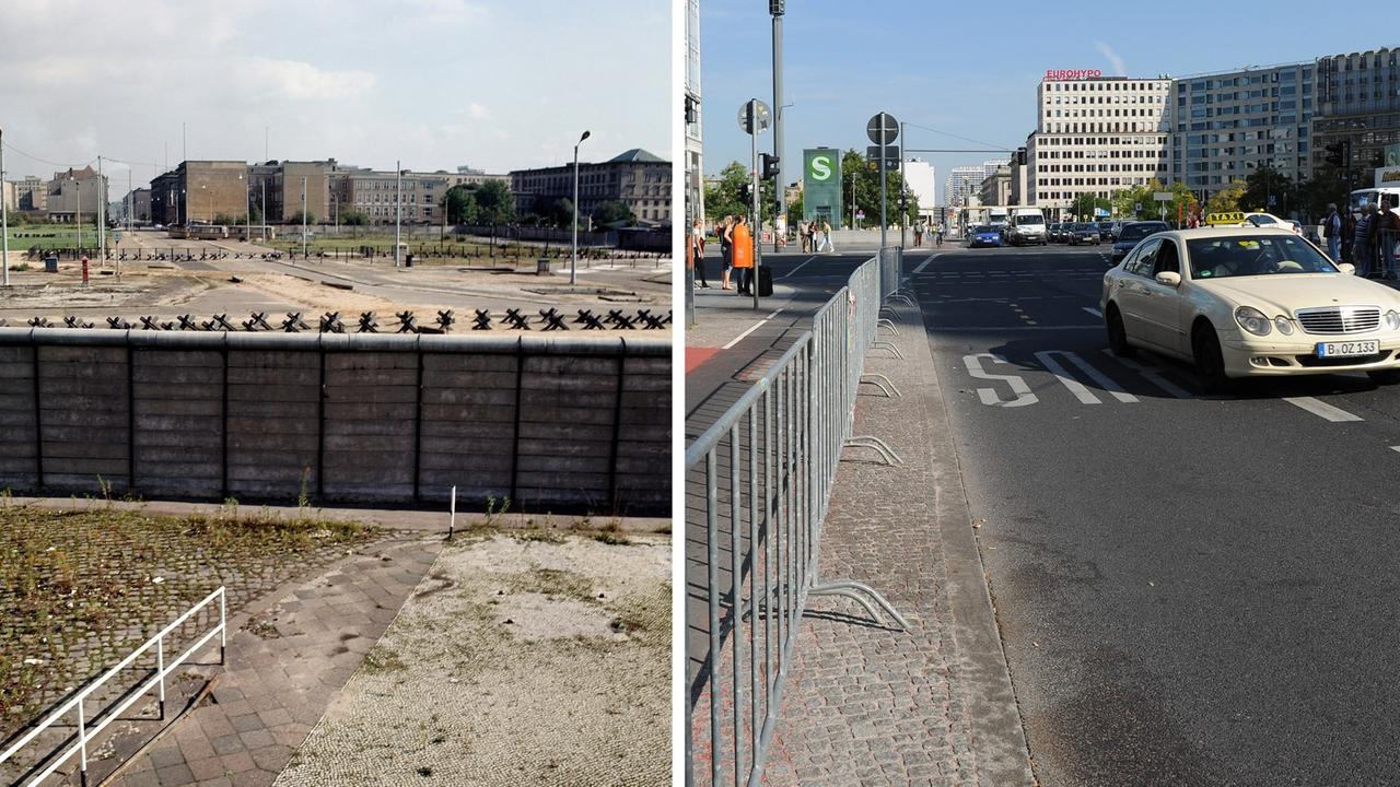 Die Kombo zeigt den Potsdamer Platz / Leipziger Platz in Berlin - Blick Richtung Osten - zu DDR-Zeiten (links) und zwanzig Jahre nach der Wiedervereinigung am 23.9.2010. Ein paar aufgestellte Mauerreste und ein Kopfsteinpflasterstreifen entlang des ehemaligen Berliner Mauerverlaufs auf der Straße - mehr erinnert heute nicht an das einstige Brachland des Todestreifens des 1961 errichteten "Bollwerk des Ostens", das Berlin in Ost und West teilte.