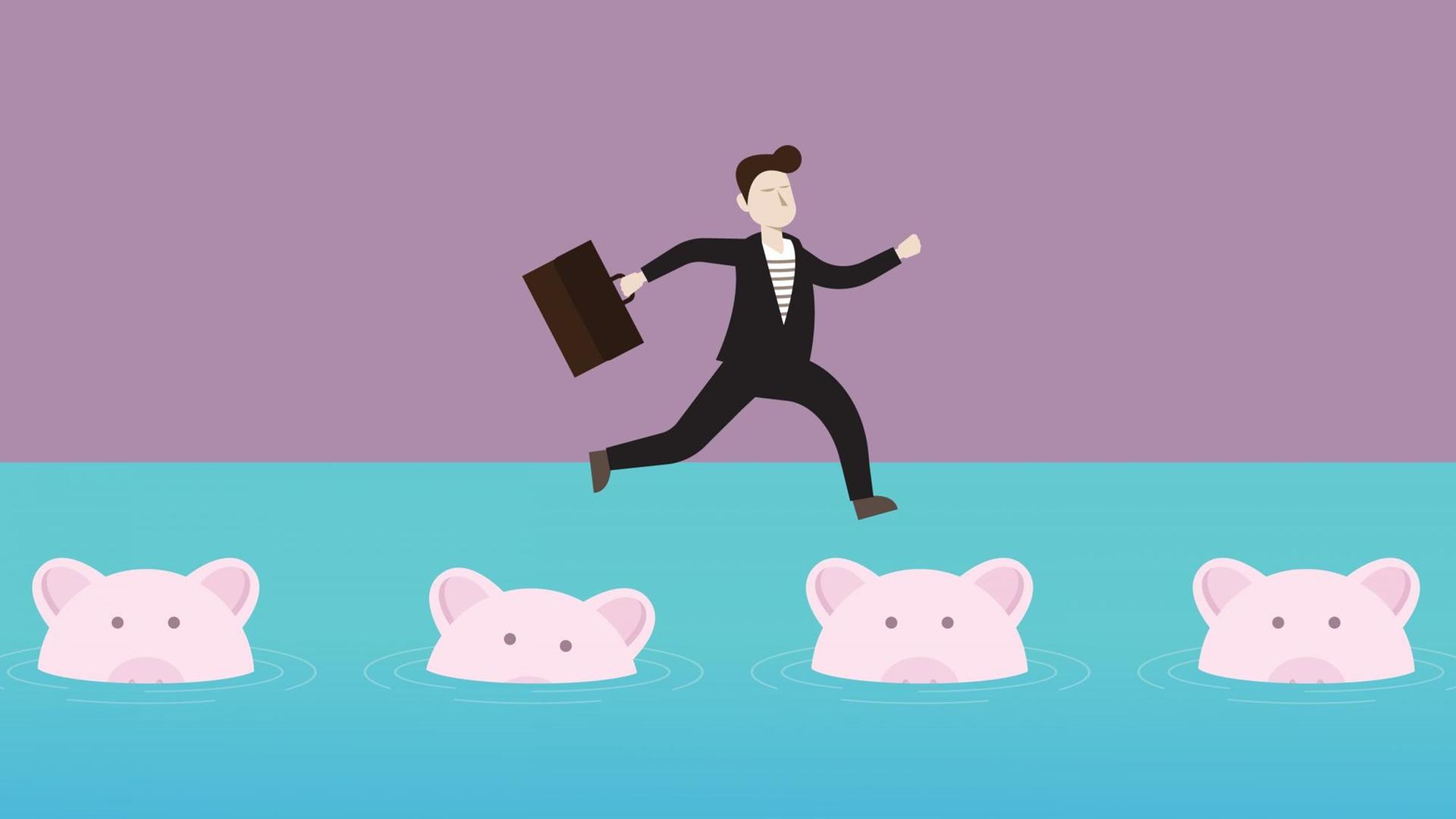 In einer Illustration springt ein Mensch über das Wasser von Sparschwein zu Sparschwein.