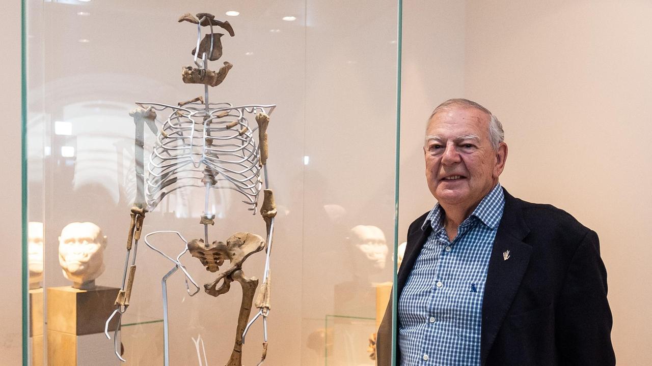 Das Skeletts "Lucy" und sein Entdecker Donald Johanson im Frankfurter Senckenberg-Museum